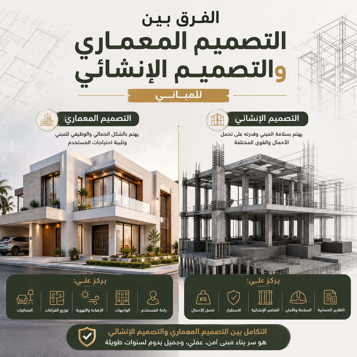 الفرق بين التصميم المعماري والتصميم الإنشائي للمباني